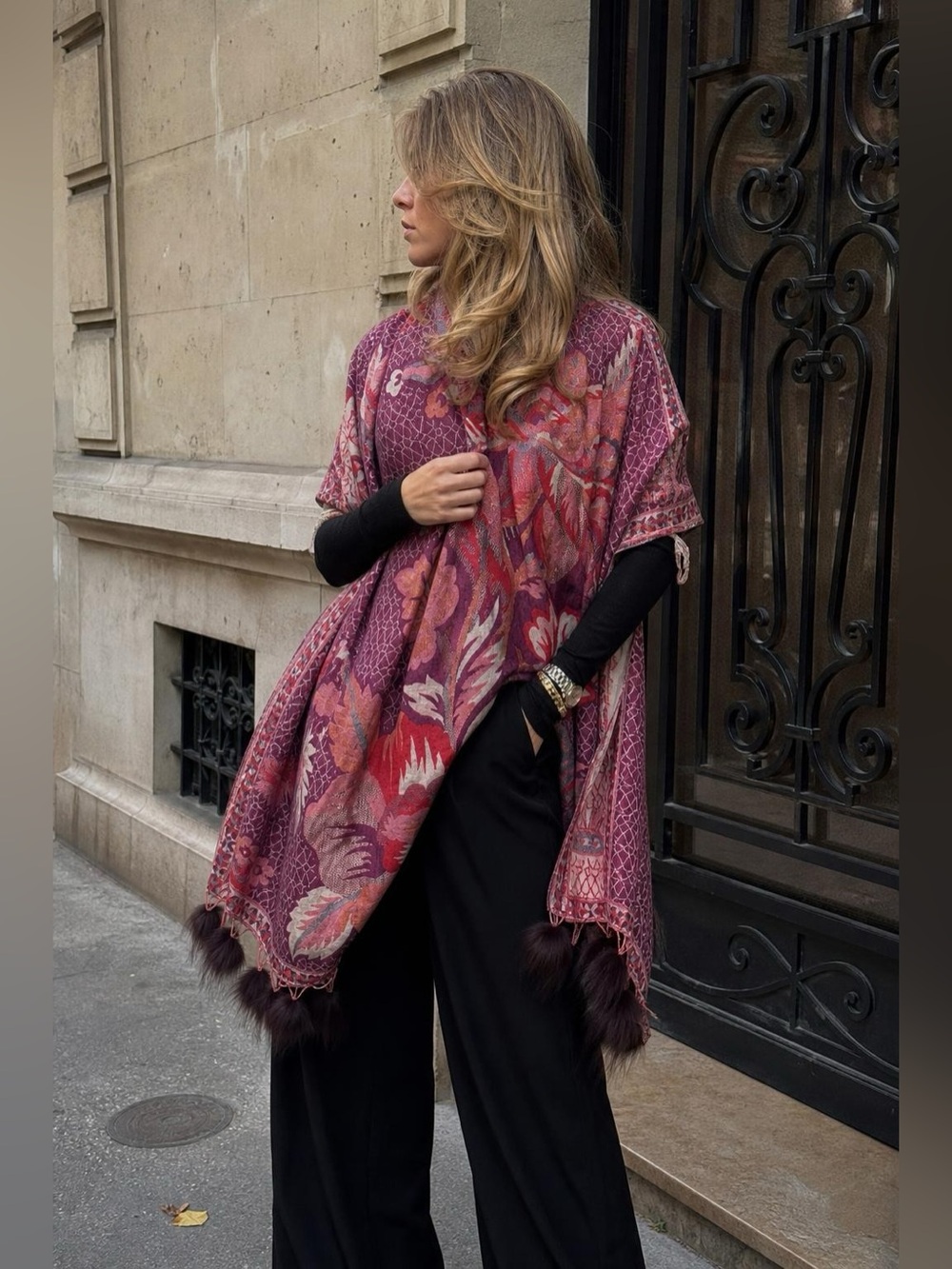 Reversible Floral Paisley Real Fur Trim Oversized Scarf Multicolor Boho Wrap